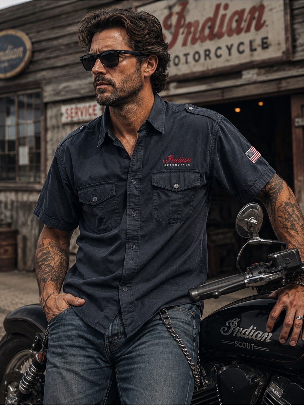 Indian Motorcycle Logo Work‎ Shirt Black Button Front Men’s Large
